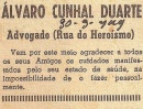 Anúncio publicado num jornal pelo pai de Álvaro, Avelino Cunhal, para prevenir o Partido da prisão do camarada «Duarte»